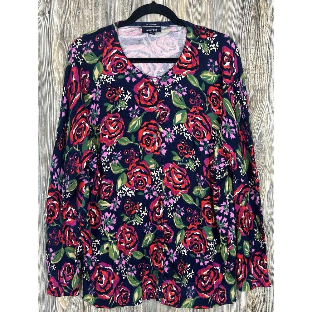 Lands' End Supima Cotton Floral Knit Cardigan 2XL Preppy Romantic Cottagecore
